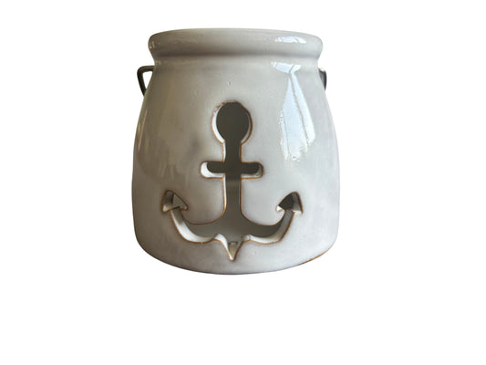 Nautical Ceramic Tealight Holder with Anchor Cut-Out – Candle Cup Holder Coastal Home Decor, 8.2 cm