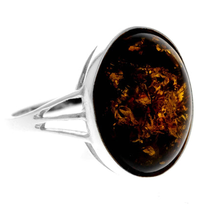 SilverAmber Jewellery - 925 Sterling Silver & Genuine Baltic Amber Classic Designer Ring - 7504