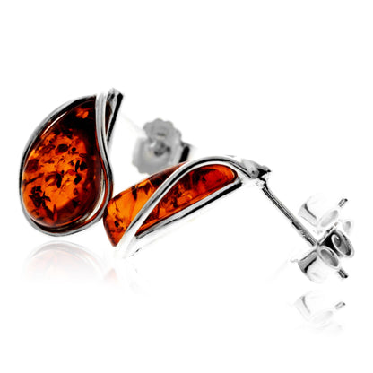 SilverAmber Jewellery - 925 Sterling Silver & Baltic Amber Modern Teardrop Studs Earrings - G029S