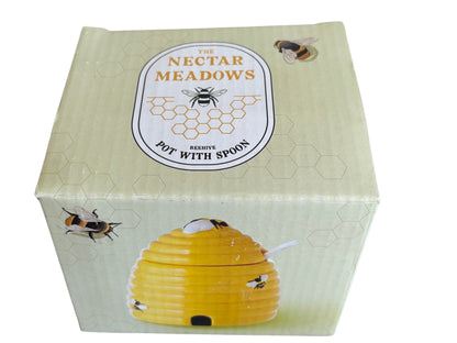 Beehive Honey Pot with Lid & Spoon – Yellow Bee Design 10 cm