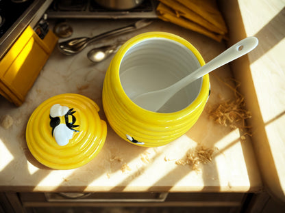 Beehive Honey Pot with Lid & Spoon – Yellow Bee Design 10 cm