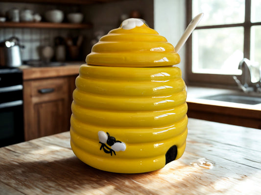 Beehive Honey Pot with Lid & Spoon – Yellow Bee Design 10 cm