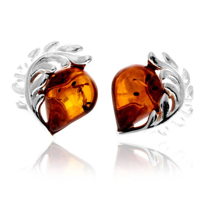 SilverAmber Jewellery - 925 Sterling Silver & Genuine Baltic Amber Contemporary Teardrop Leaf Studs Earrings - GL1054