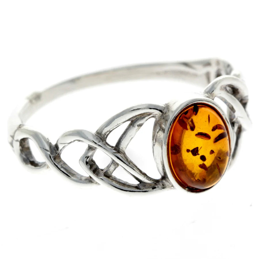 Amber Celtic Ring – Genuine Cognac Baltic Amber in 925 Sterling Silver