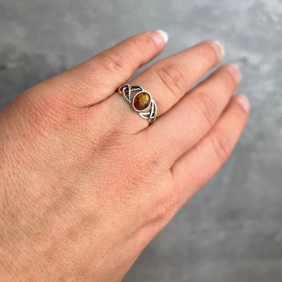 Amber Celtic Ring – Genuine Cognac Baltic Amber in 925 Sterling Silver