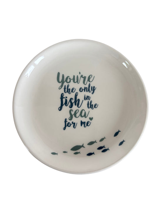 Romantic white ceramic trinket dish with handwritten style in blue and green reading " You're the only fish in the sea for me ", designed as a thoughtful gift for partners, anniversaries, or Valentine's day, as a home decor, sealife theme