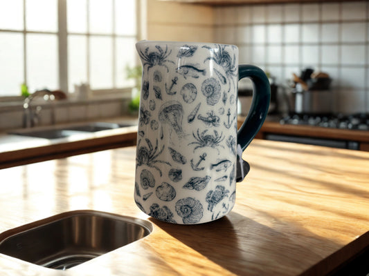 Coastal - themed ceramic jug with marine illustrations, including crabs, shells, and anchors- ideal for nautical kitchen decor or ocean- inspired gift giving