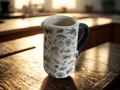 Ceramic Jug with Nautical Blue Sea Life Illustrations – Coastal Kitchen Decor, 8.8cm