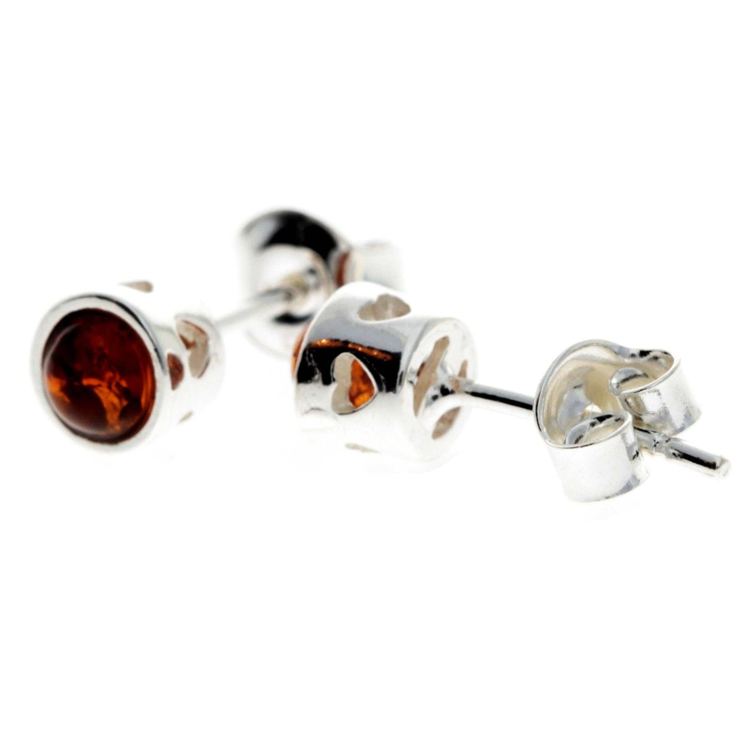 SilverAmber Jewellery - 925 Sterling Silver & Baltic Amber Modern Heart Studs Earrings - GL169