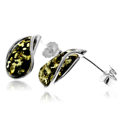 SilverAmber Jewellery - 925 Sterling Silver & Baltic Amber Modern Teardrop Studs Earrings - G029S