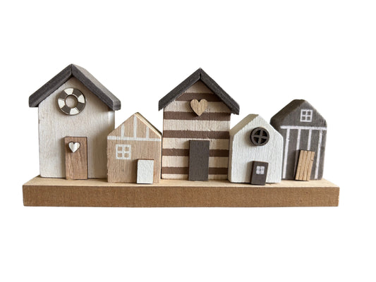 Wooden Beach Hut Houses Deco Ornament – Coastal Miniature House Set, 18cm