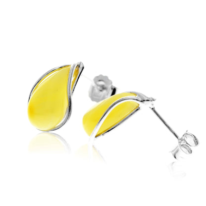 SilverAmber Jewellery - 925 Sterling Silver & Baltic Amber Modern Teardrop Studs Earrings - G029S