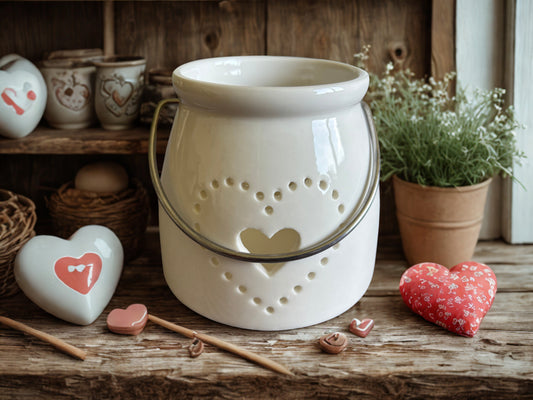 Dotted Heart White Ceramic Lantern – Decorative Tea Light Holder with Handle, 8cm