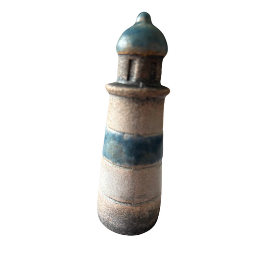 Rustic Ceramic Lighthouse Ornament – Coastal Blue & Beige Nautical Decor, 10.2 cm