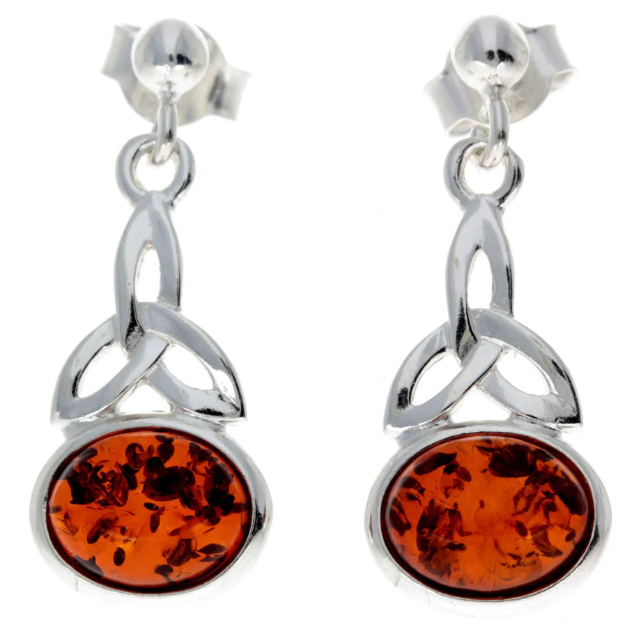 Sterling Silver Baltic Amber Celtic Drop Earrings – Cognac