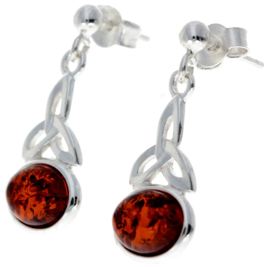 Sterling Silver Baltic Amber Celtic Drop Earrings – Cognac