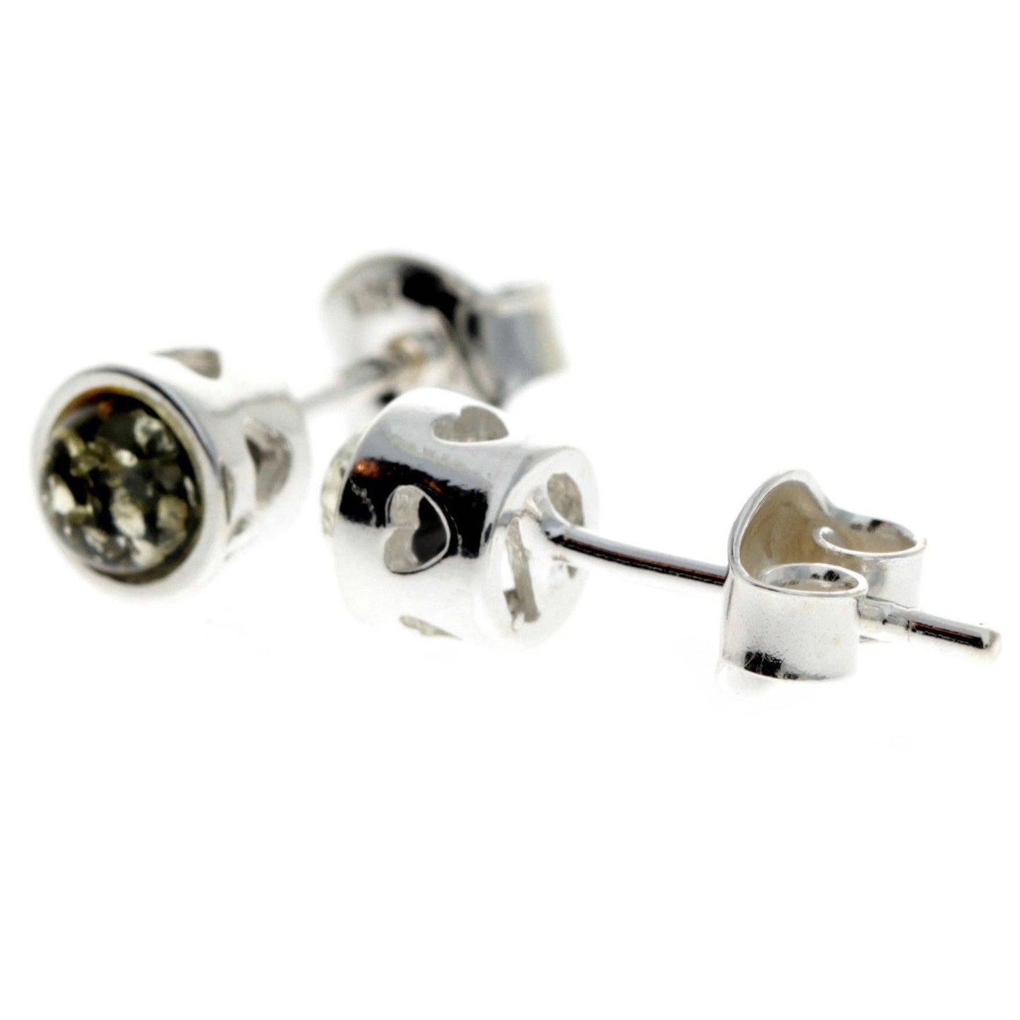 SilverAmber Jewellery - 925 Sterling Silver & Baltic Amber Modern Heart Studs Earrings - GL169