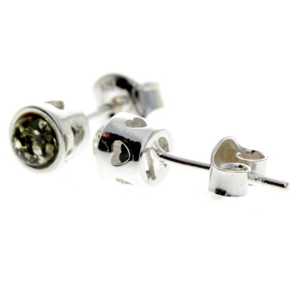 SilverAmber Jewellery - 925 Sterling Silver & Baltic Amber Modern Heart Studs Earrings - GL169