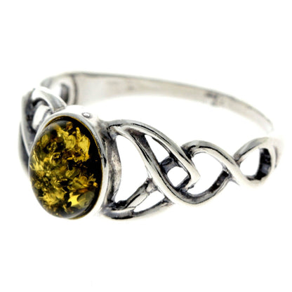 SilverAmber Jewellery - 925 Sterling Silver & Baltic Amber Celtic Ring - 7482