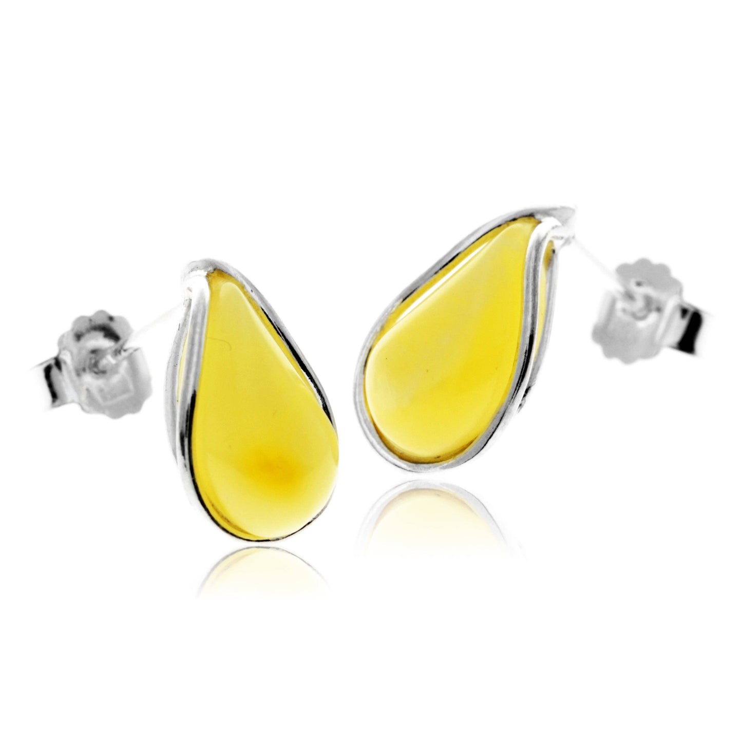 SilverAmber Jewellery - 925 Sterling Silver & Baltic Amber Modern Teardrop Studs Earrings - G029S