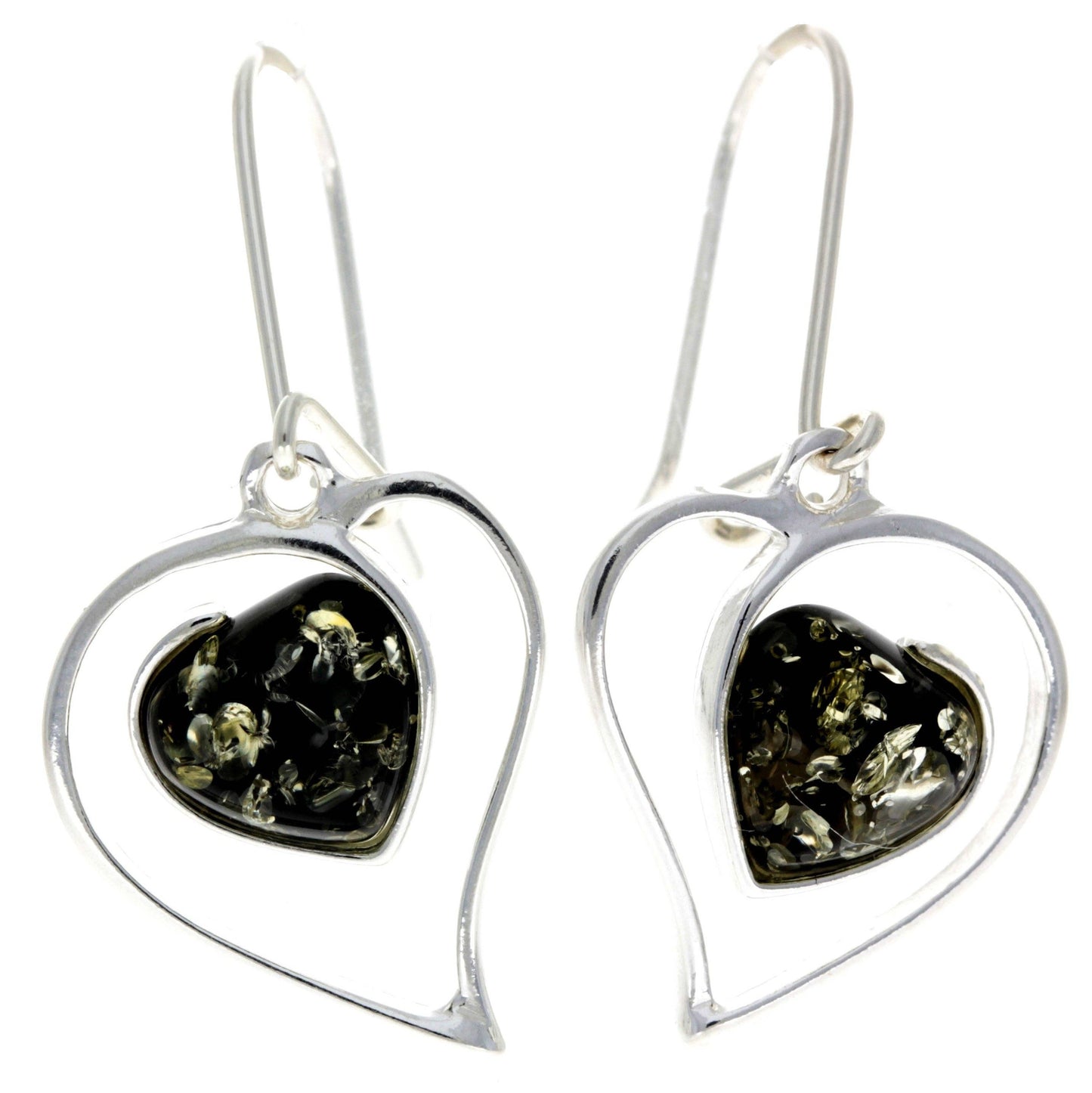 SilverAmber Jewellery - 925 Sterling Silver & Genuine Baltic Amber Large Hearts Earrings - GL127
