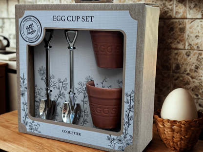 Terracotta Egg Cup Gift with Shovel Spoons - Rustic Breakfast Tableware