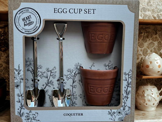 Terracotta Egg Cup Gift with Shovel Spoons - Rustic Breakfast Tableware