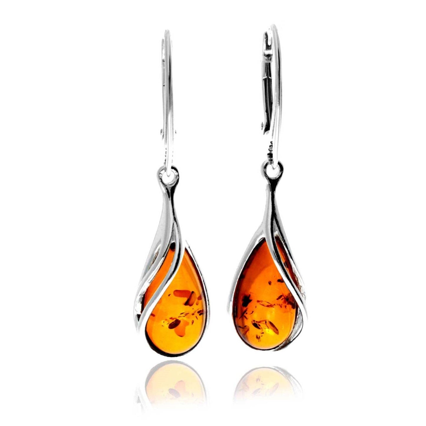 SilverAmber Jewellery - 925 Sterling Silver & Genuine Baltic Amber Modern Drop Earrings - GL1056