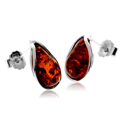 SilverAmber Jewellery - 925 Sterling Silver & Baltic Amber Modern Teardrop Studs Earrings - G029S