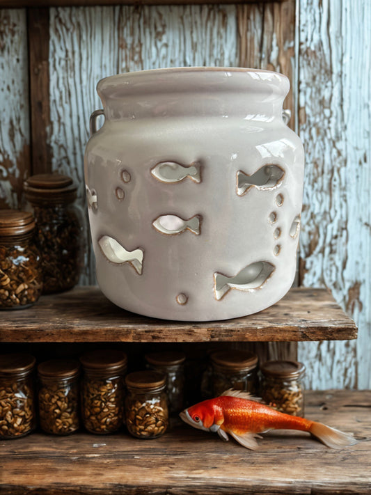 white ceramic lantern with cut- out fish design- nautical-themed candle holder perfect for coastal home decor, beach house styling, or ocean- inspired gifts