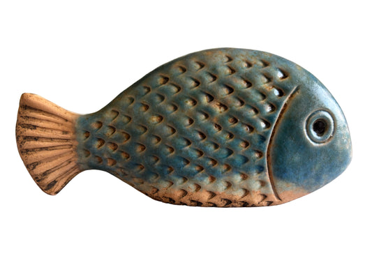 Speckled Blue Fish Deco, Ceramic Fish Ornament- Blue & Tan Decorative Sculpture, 13.8cm