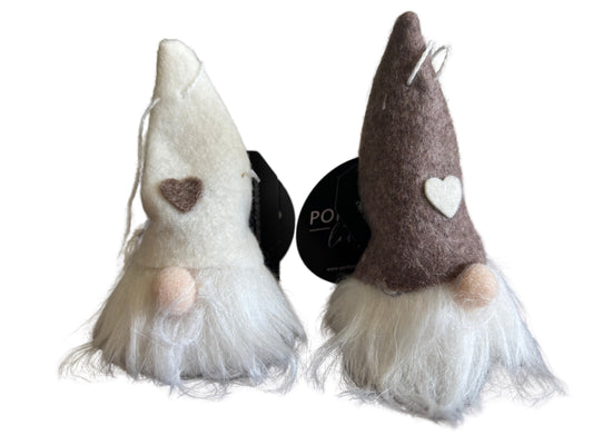 White / Brown Scandinavian Felt Gnome Decorations – Neutral Toned Nordic Christmas Ornaments, 10 cm