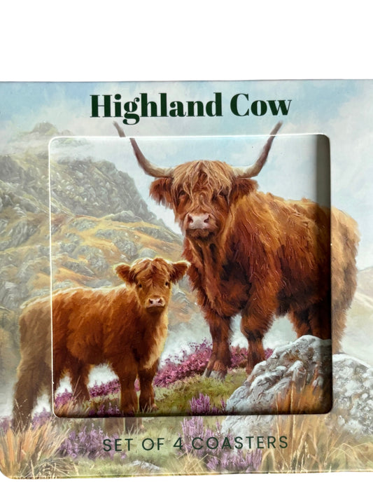 Highland Cow Coaster Set – Pack of 4 Scenic Farmhouse Coasters 11cm | The Leonardo Collection