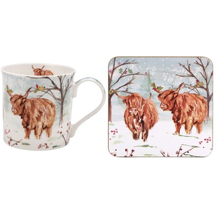 Highland Cow Mug & Coaster Gift Set – Fine China Winter Design