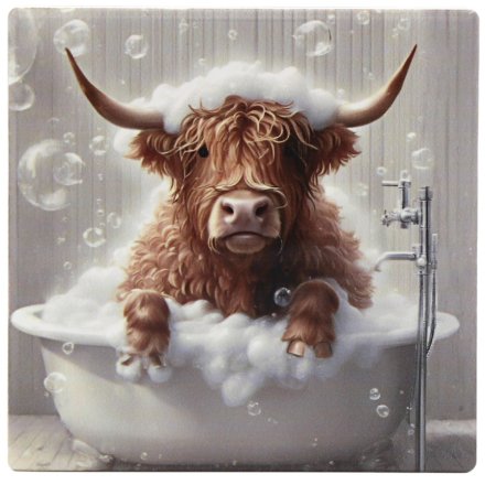 Highland Cow Coaster – Funny Bubble Bath Design, 10cm Ceramic Gift