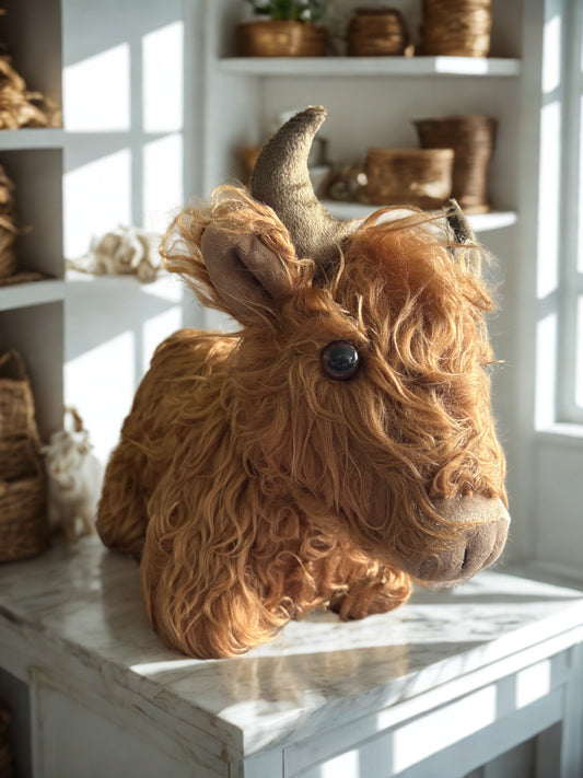 Brown Highland Cow doorstop with realistic curly faux fur and soft horns-a charming and functional animal-themed home accessory or farmhouse or country-style interiors 