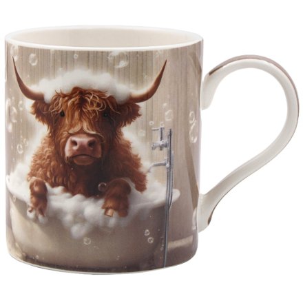 Highland Cow Mug – Funny Bubble Bath Design, 13cm Ceramic Gift