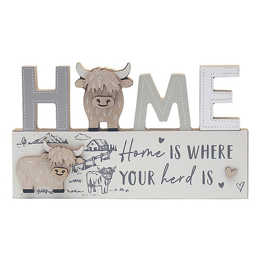 Highland Cow Word Plaque “Home” – Rustic Country Wall Decor