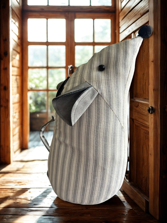 stripped fabric doorstop shaped like a mouse with felt ears and button eyes- a charming and practical home accessory for cosy interiors and cottagecore decor lovers 