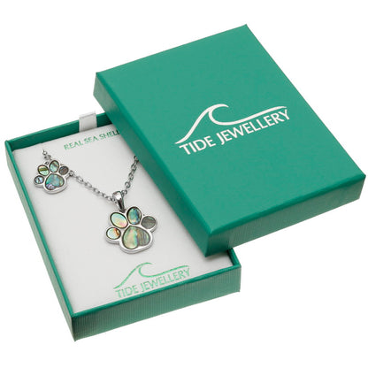 Paw Print Jewellery Set – Paua Shell Necklace & Earrings by Tide