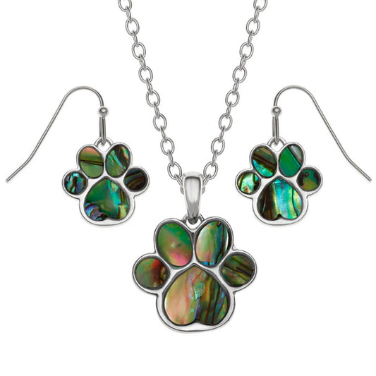 Paw Print Jewellery Set – Paua Shell Necklace & Earrings by Tide