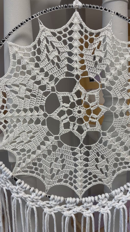 Handmade Crochet Dreamcatcher – White Mandala Wall Hanging (30cm)