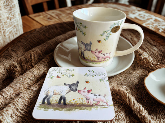 Farmyard Friends Fine China Mug & Coaster Set - Piglet & Lamb Illustration | The Leonardo Collection