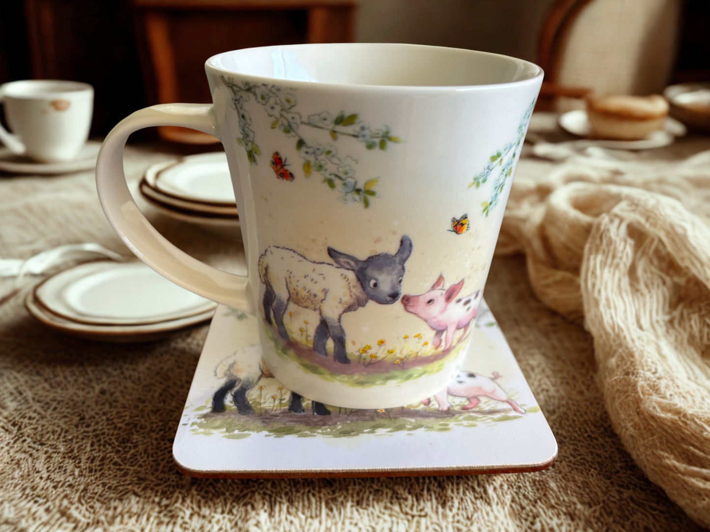 Farmyard Friends Fine China Mug & Coaster Set - Piglet & Lamb Illustration | The Leonardo Collection