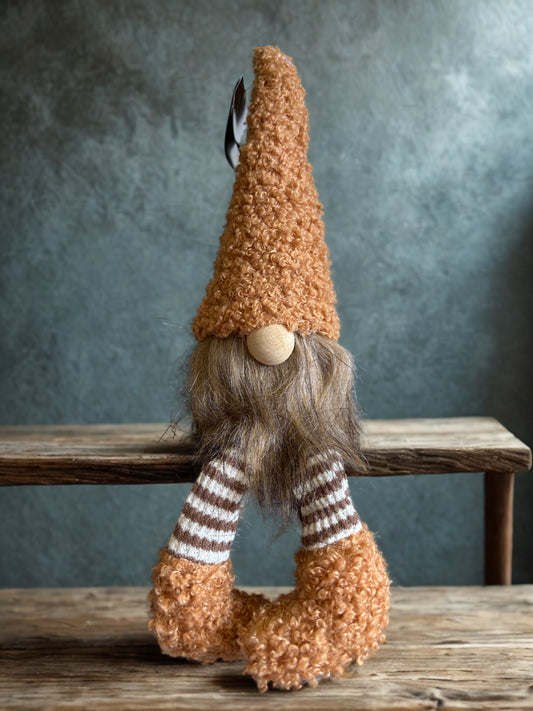 Toffee Sitting Gnome, Gonk with Curly Orange Hat – Nordic Style Shelf Decor, 28 cm