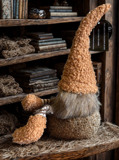 Toffee Sitting Gnome, Gonk with Curly Orange Hat – Nordic Style Shelf Decor, 28 cm