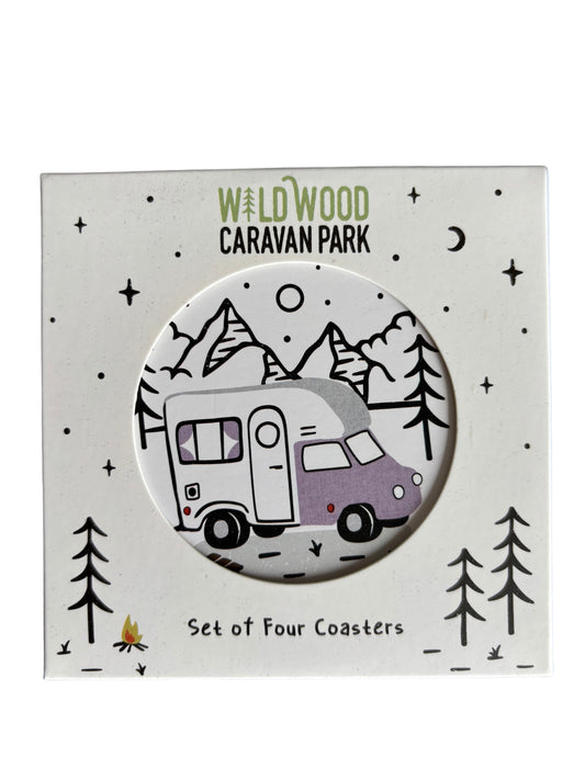 Wildwood Caravan Park Coaster Set – Set of 4 Camping & Adventure-Themed Coasters 10 cm