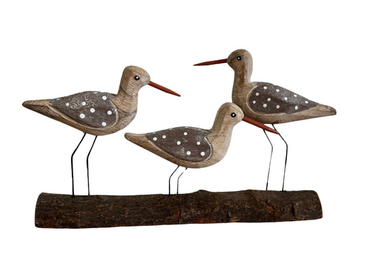 Rustic Wooden Shorebird Ornament – Set of 3 Coastal Birds on Driftwood Base 26 cm